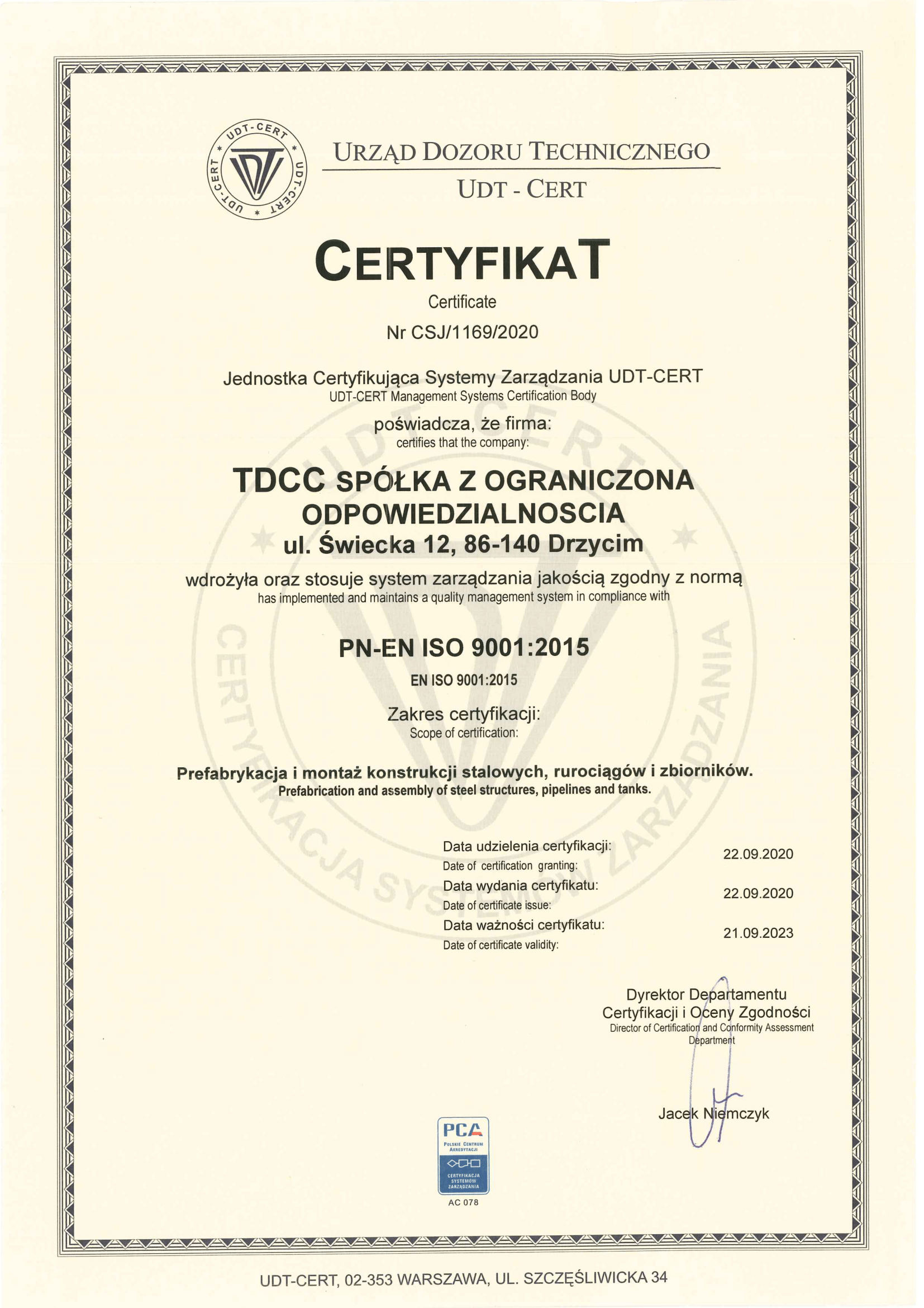 Certyfikat PN-EN ISO 9001-2015